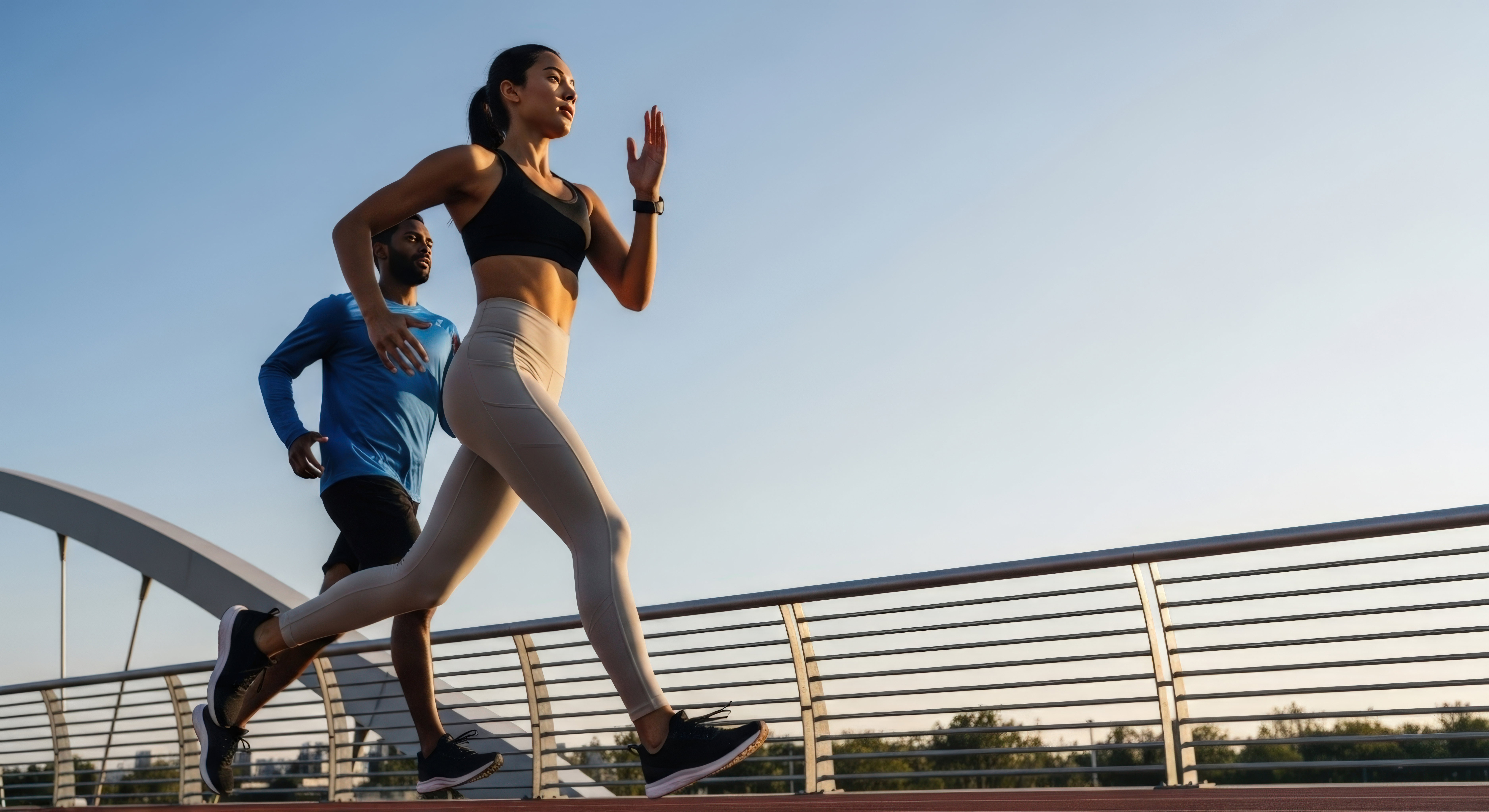 Two runners crossing a bridge at sunrise